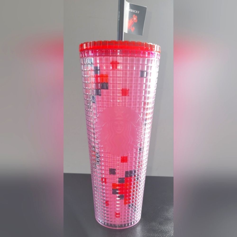 NWT Starbucks 2025 Pink & Red Pixel Hearts Grid Valentines Day Tumbler